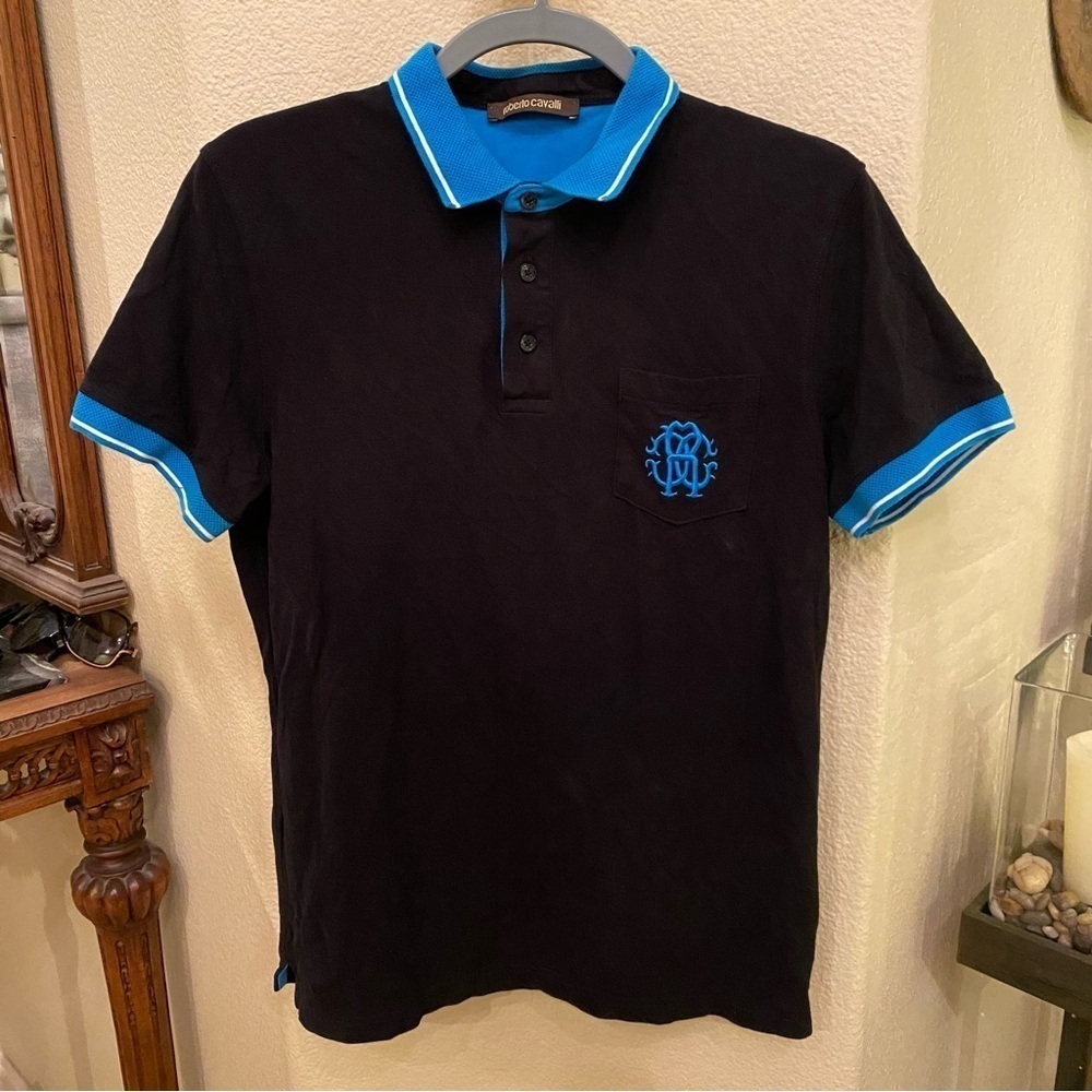 ROBERTO CAVALLI Men Black Blue Collar Embroidery Polo Top Size Large-Fit Small